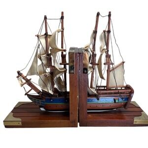 Vintage Wooden Ship Bookends Nautical Decor Desk Accessory Set